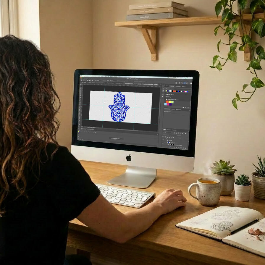 Vero - Founder and designer at Black Rainbow Caps in the process of designing Hamsa and Evil Eye snapback trucker hat.
