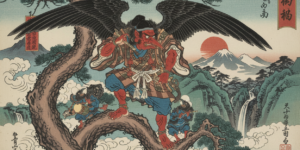 Ancient Japanese art featuring the Tengu