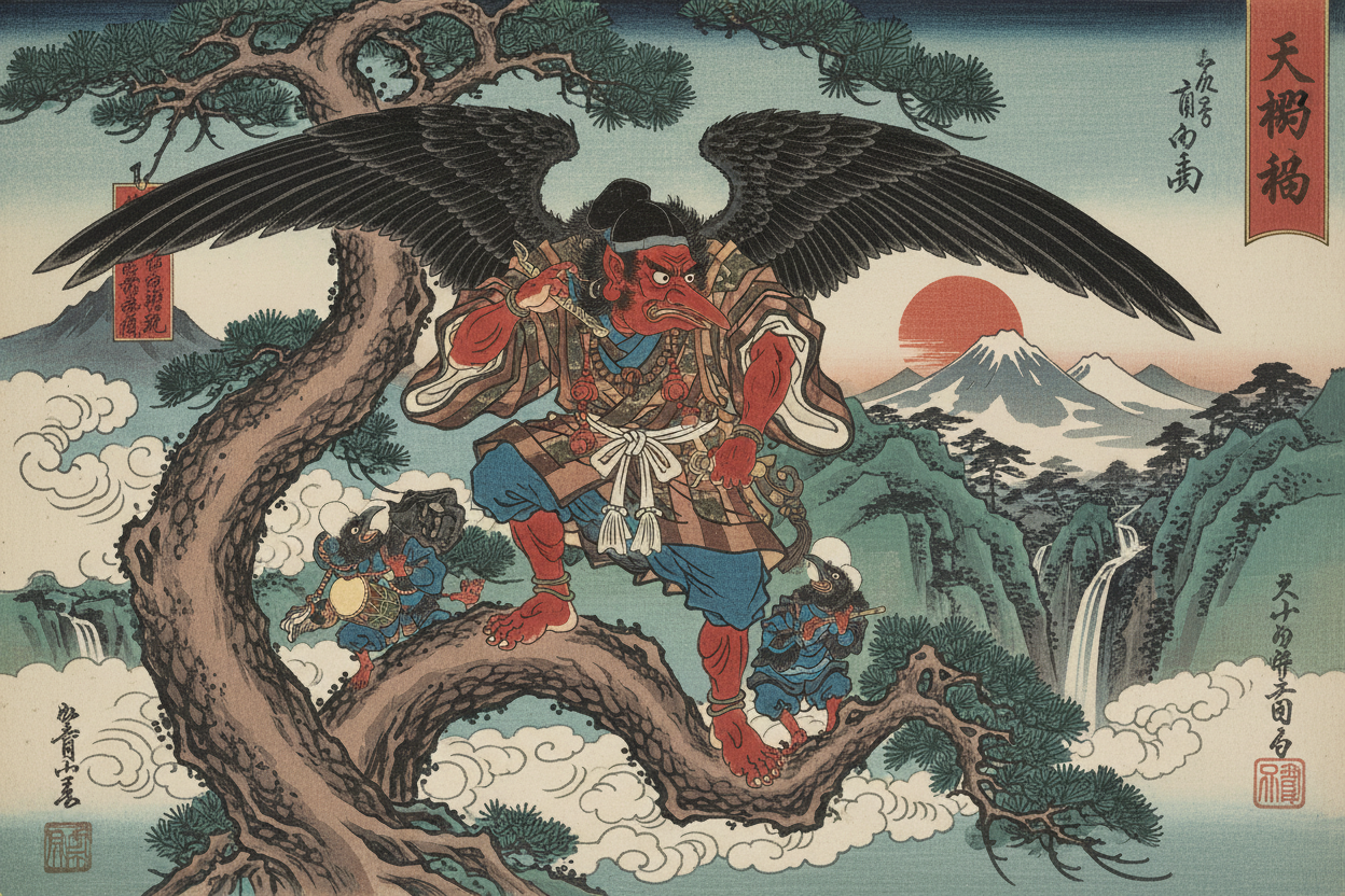 Ancient Japanese art featuring the Tengu - Guardian Spirit, Warrior Protector